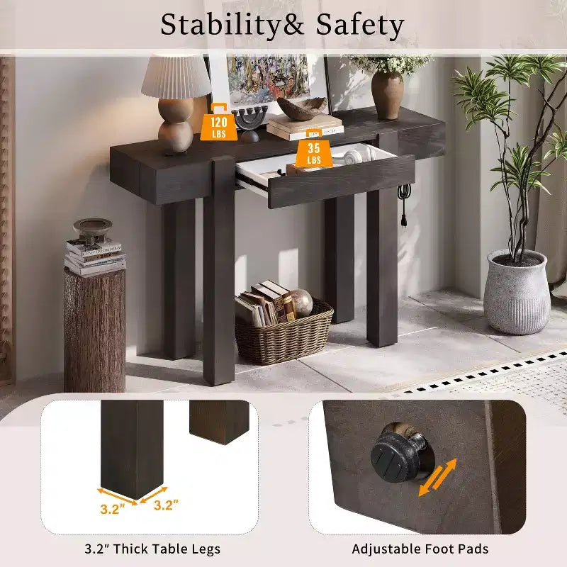 Console rustique minimaliste GDFStudio Sam 47.25 avec tiroir caché et prise de courant latérale
