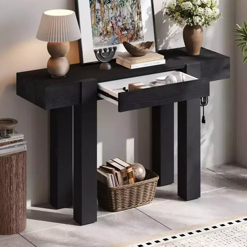 Console rustique minimaliste GDFStudio Sam 47.25 avec tiroir caché et prise de courant latérale