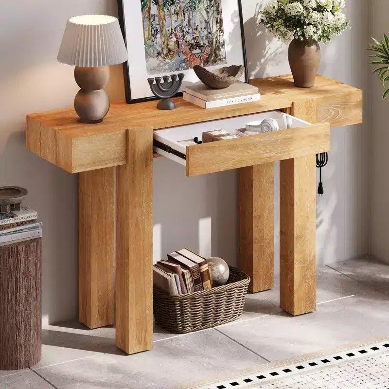 Console rustique minimaliste GDFStudio Sam 47.25 avec tiroir caché et prise de courant latérale
