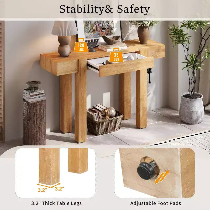 Console rustique minimaliste GDFStudio Sam 47.25 avec tiroir caché et prise de courant latérale