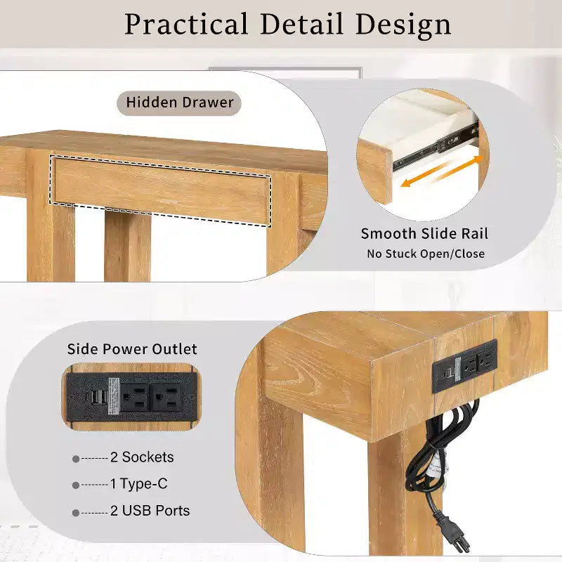Console rustique minimaliste GDFStudio Sam 47.25 avec tiroir caché et prise de courant latérale