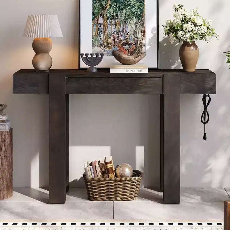 Console rustique minimaliste GDFStudio Sam 47.25 avec tiroir caché et prise de courant latérale