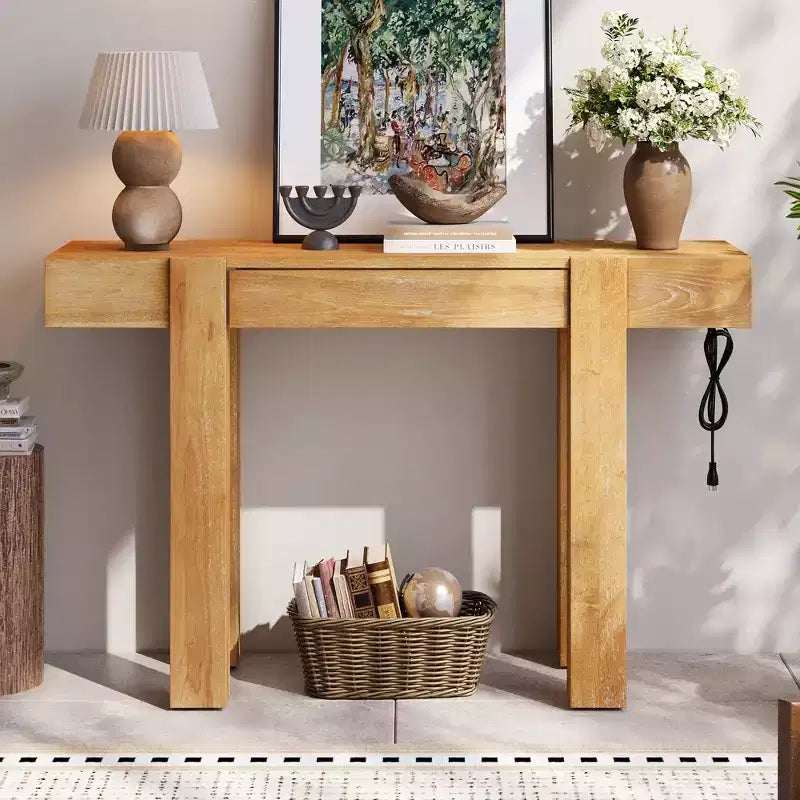 Console rustique minimaliste GDFStudio Sam 47.25 avec tiroir caché et prise de courant latérale