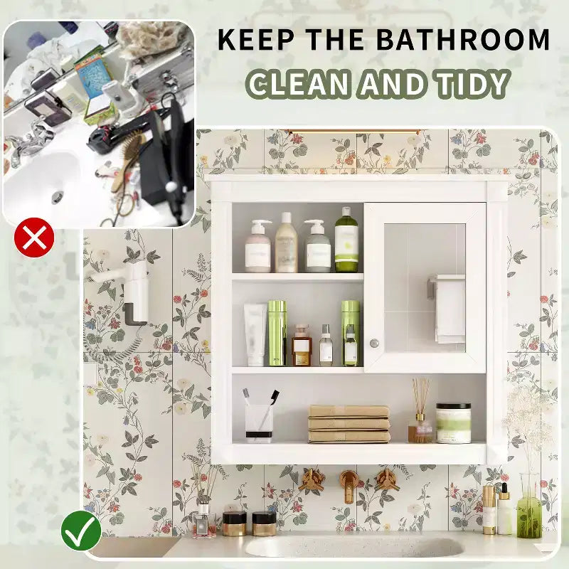 Meuble mural de salle de bain CASAINC 32'' avec miroir, étagères réglables et 4 étagères de rangement
