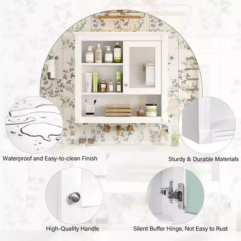 Meuble mural de salle de bain CASAINC 32'' avec miroir, étagères réglables et 4 étagères de rangement