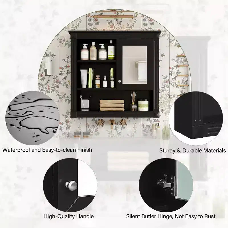 Meuble mural de salle de bain CASAINC 32'' avec miroir, étagères réglables et 4 étagères de rangement