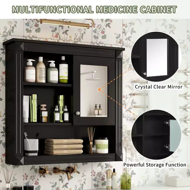 Meuble mural de salle de bain CASAINC 32'' avec miroir, étagères réglables et 4 étagères de rangement
