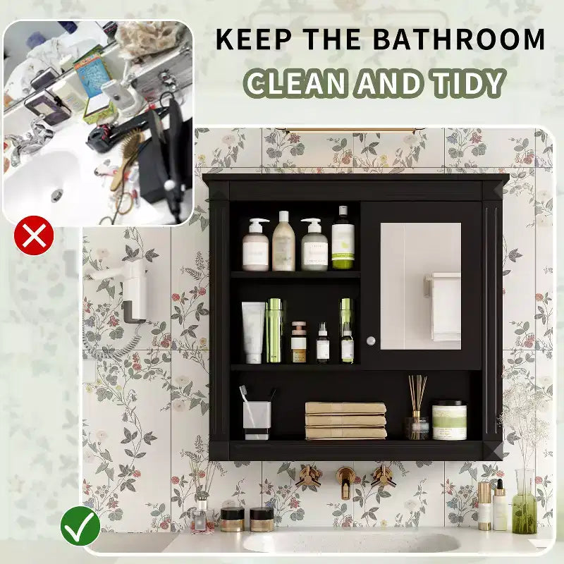 Meuble mural de salle de bain CASAINC 32'' avec miroir, étagères réglables et 4 étagères de rangement