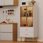 Armoire de rangement avec portes vitrées, buffet avec 2 tiroirs cannelés, étagères réglables pour salon, salle à manger et cuisine.