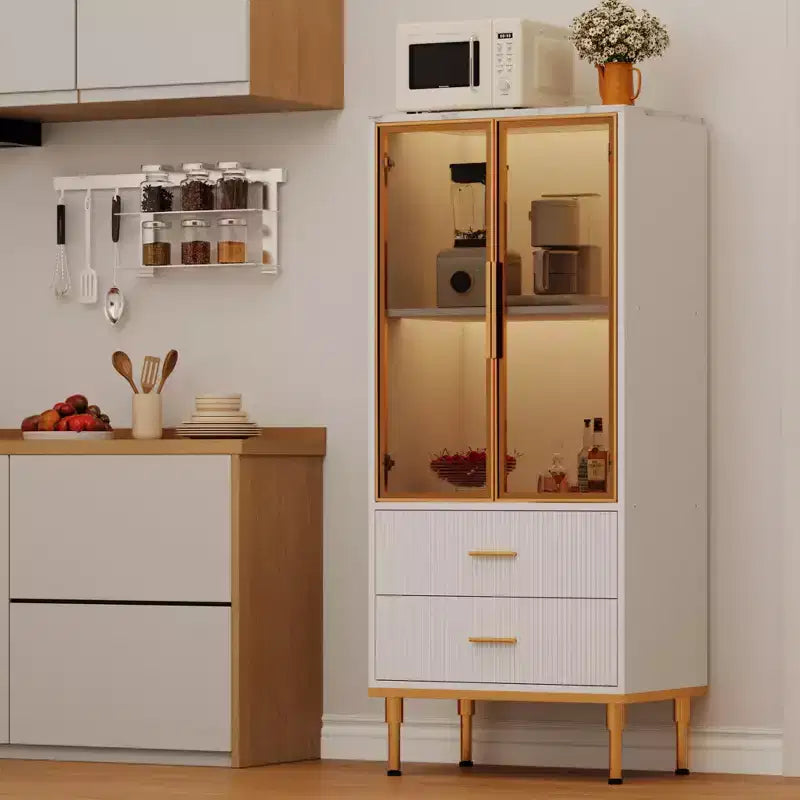 Armoire de rangement avec portes vitrées, buffet avec 2 tiroirs cannelés, étagères réglables pour salon, salle à manger et cuisine.