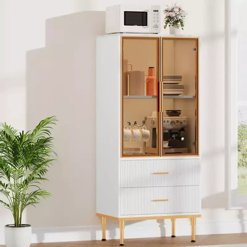 Armoire de rangement avec portes vitrées, buffet avec 2 tiroirs cannelés, étagères réglables pour salon, salle à manger et cuisine.