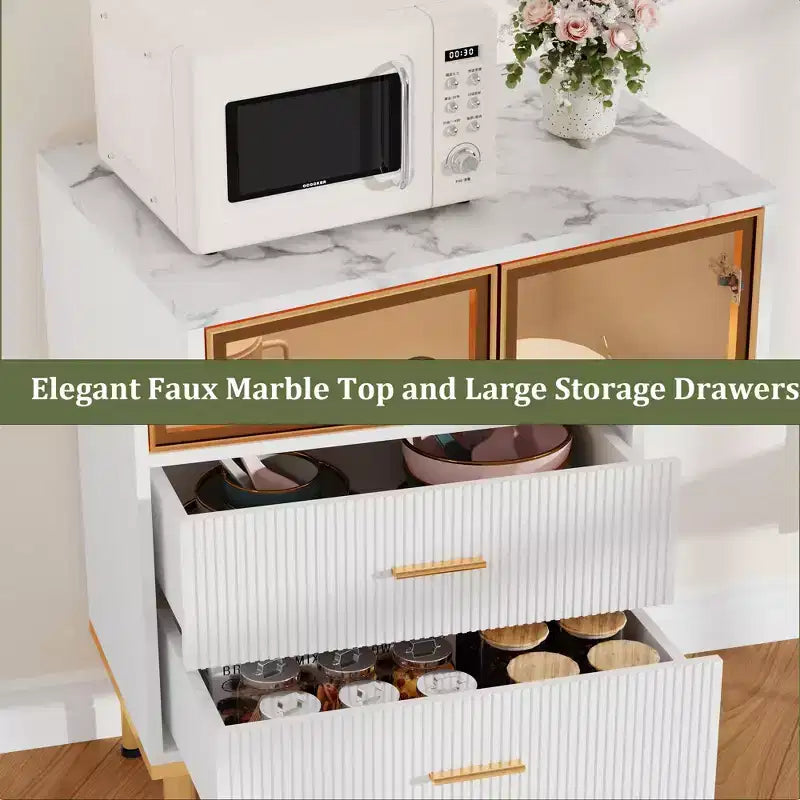 Armoire de rangement avec portes vitrées, buffet avec 2 tiroirs cannelés, étagères réglables pour salon, salle à manger et cuisine.