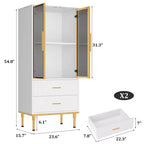 Armoire de rangement avec portes vitrées, buffet avec 2 tiroirs cannelés, étagères réglables pour salon, salle à manger et cuisine.