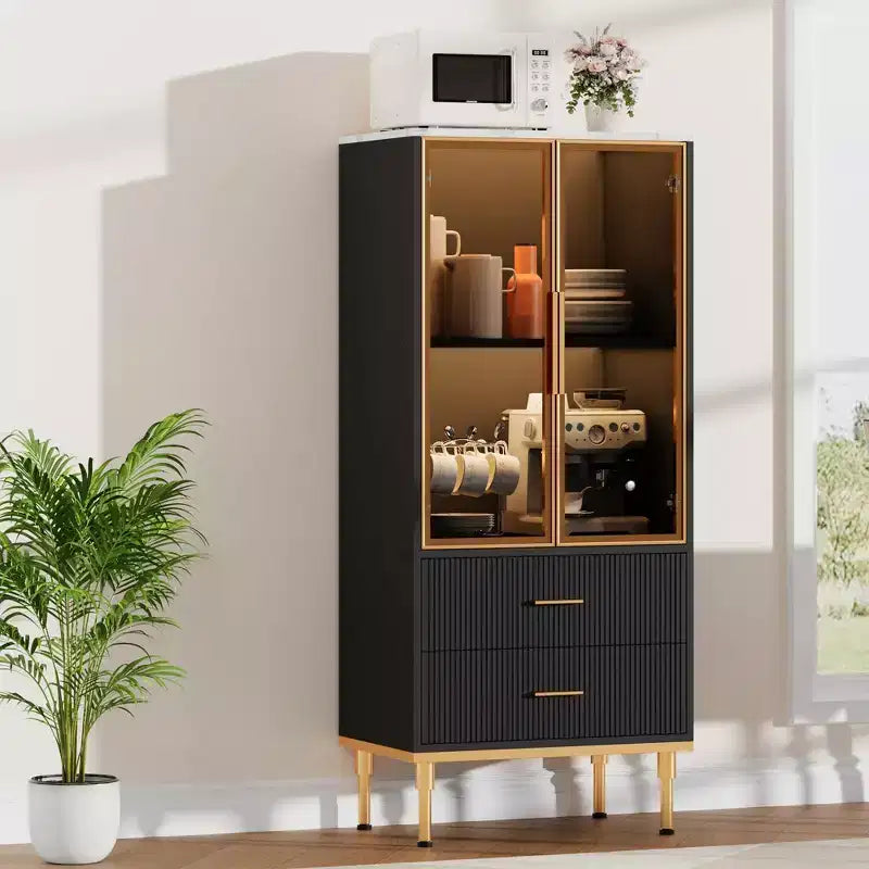 Armoire de rangement avec portes vitrées, buffet avec 2 tiroirs cannelés, étagères réglables pour salon, salle à manger et cuisine.