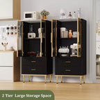 Armoire de rangement avec portes vitrées, buffet avec 2 tiroirs cannelés, étagères réglables pour salon, salle à manger et cuisine.