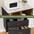 Armoire de rangement avec portes vitrées, buffet avec 2 tiroirs cannelés, étagères réglables pour salon, salle à manger et cuisine.