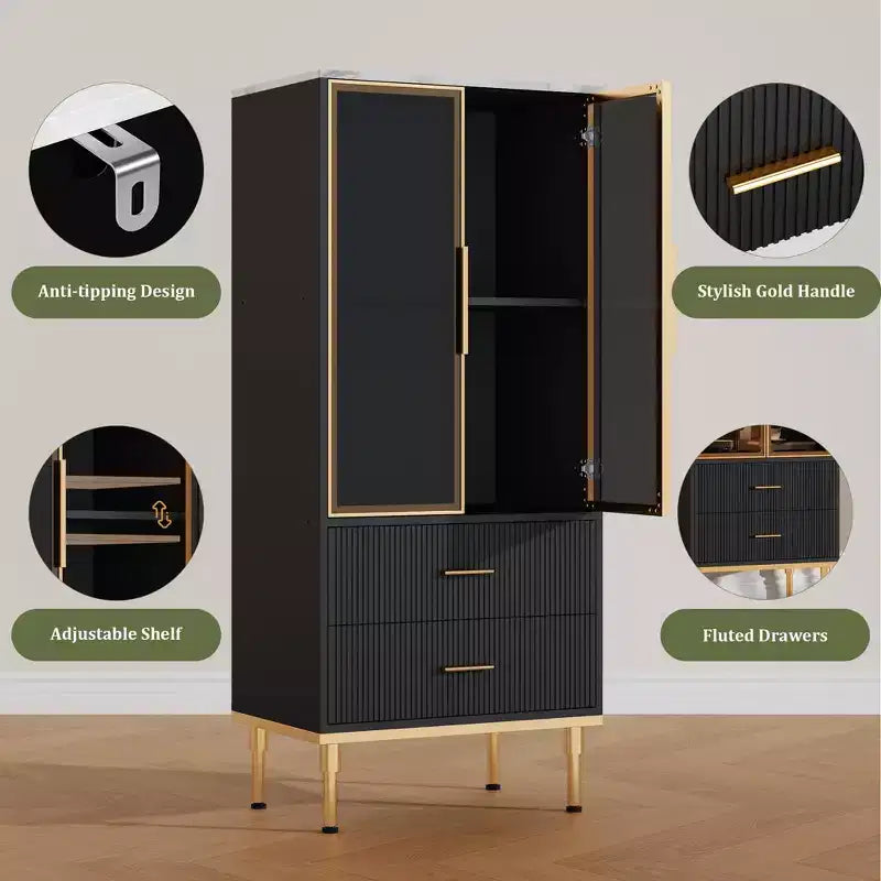 Armoire de rangement avec portes vitrées, buffet avec 2 tiroirs cannelés, étagères réglables pour salon, salle à manger et cuisine.