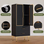 Armoire de rangement avec portes vitrées, buffet avec 2 tiroirs cannelés, étagères réglables pour salon, salle à manger et cuisine.