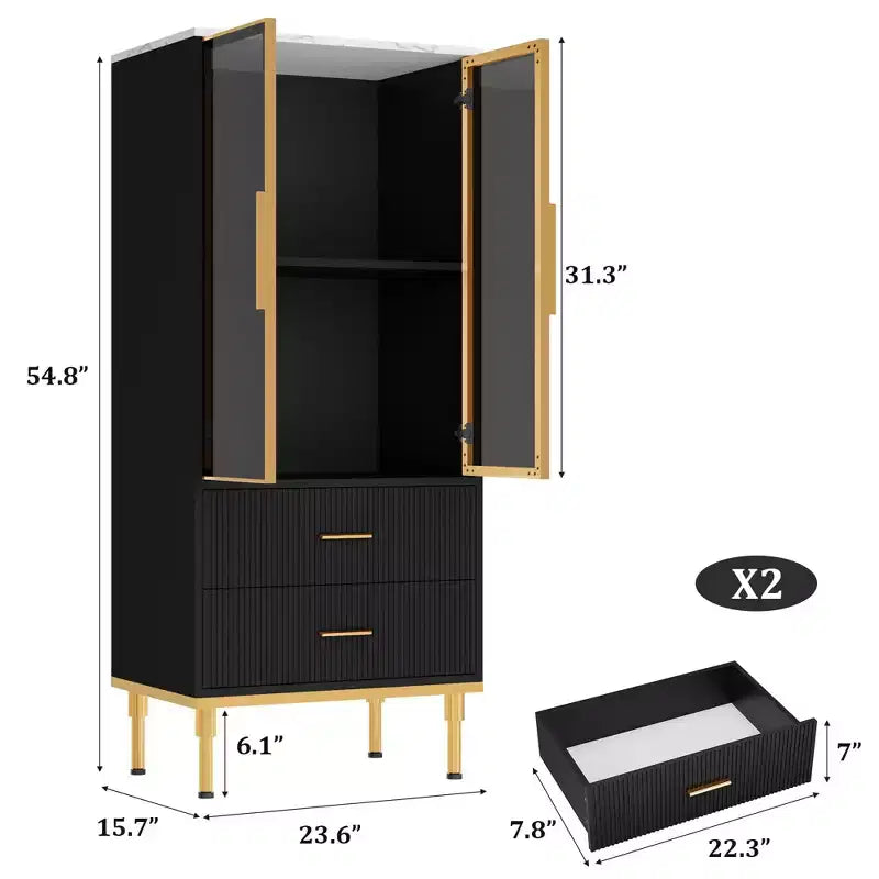 Armoire de rangement avec portes vitrées, buffet avec 2 tiroirs cannelés, étagères réglables pour salon, salle à manger et cuisine.
