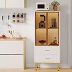 Armoire de rangement avec portes vitrées, buffet avec 2 tiroirs cannelés, étagères réglables pour salon, salle à manger et cuisine.