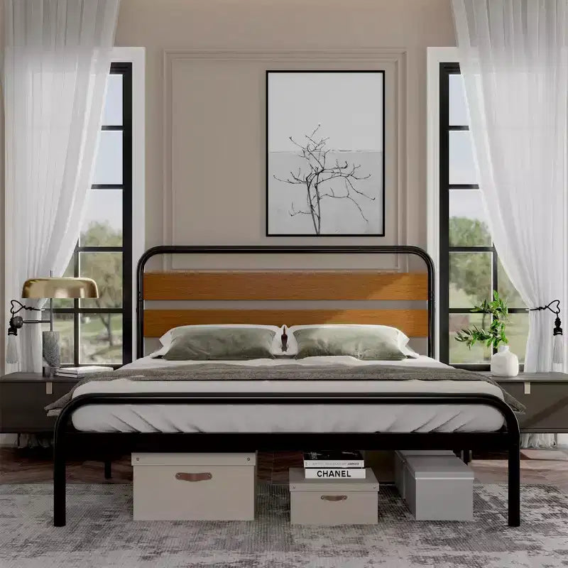 Cadre de lit King Size, plateforme robuste avec tête de lit en bois et rangement sous le lit, sommier sans bruit, assemblage facile