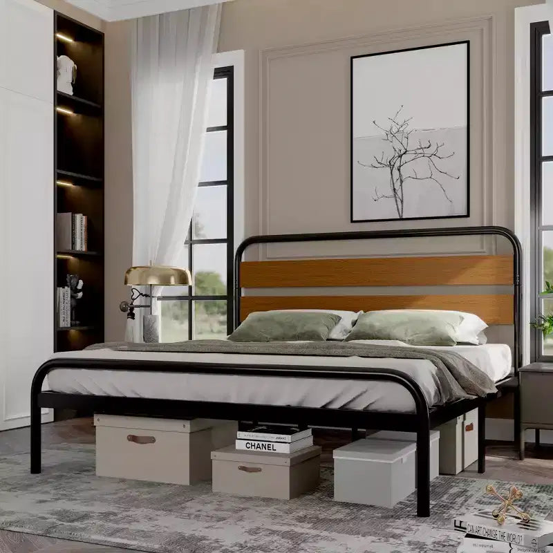 Cadre de lit King Size, plateforme robuste avec tête de lit en bois et rangement sous le lit, sommier sans bruit, assemblage facile