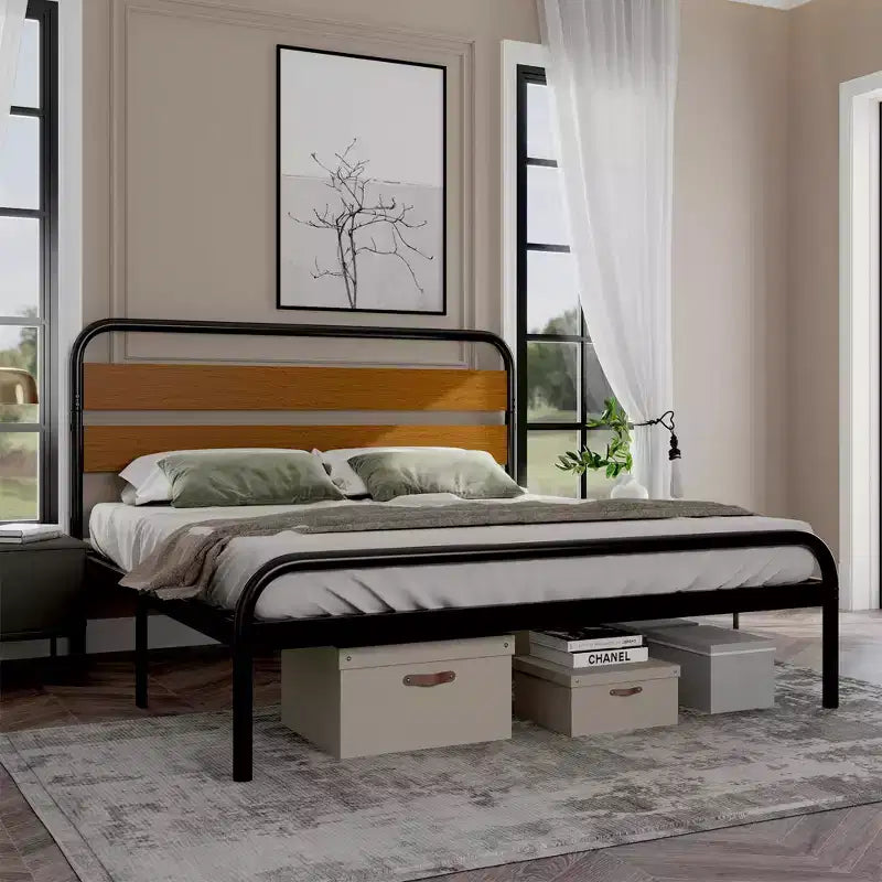Cadre de lit King Size, plateforme robuste avec tête de lit en bois et rangement sous le lit, sommier sans bruit, assemblage facile