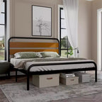 Cadre de lit King Size, plateforme robuste avec tête de lit en bois et rangement sous le lit, sommier sans bruit, assemblage facile
