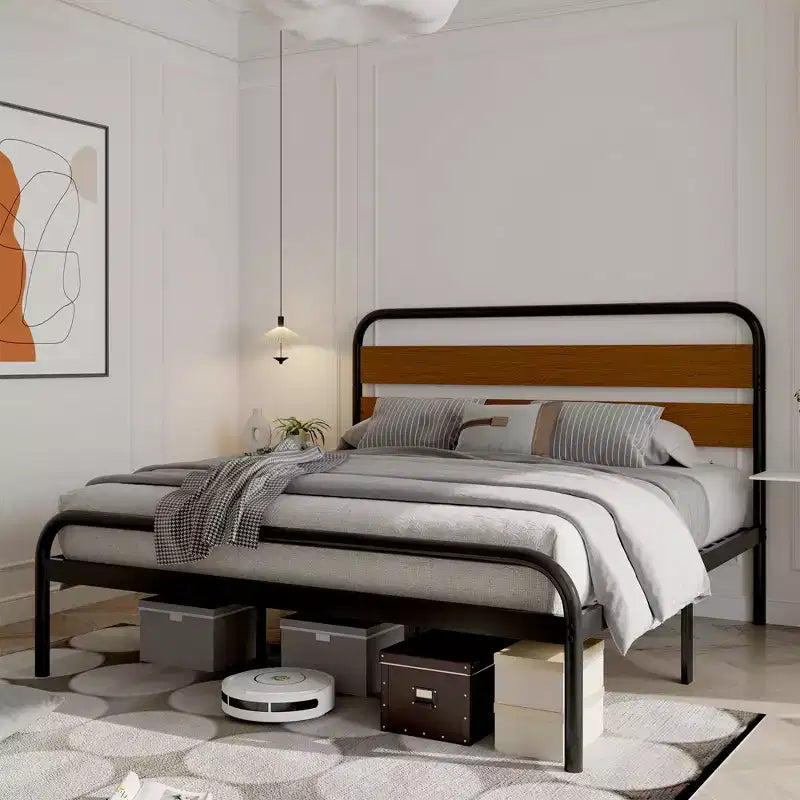 Cadre de lit King Size, plateforme robuste avec tête de lit en bois et rangement sous le lit, sommier sans bruit, assemblage facile