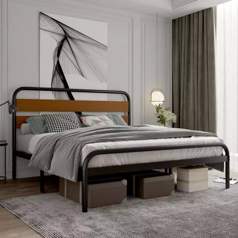 Cadre de lit King Size, plateforme robuste avec tête de lit en bois et rangement sous le lit, sommier sans bruit, assemblage facile