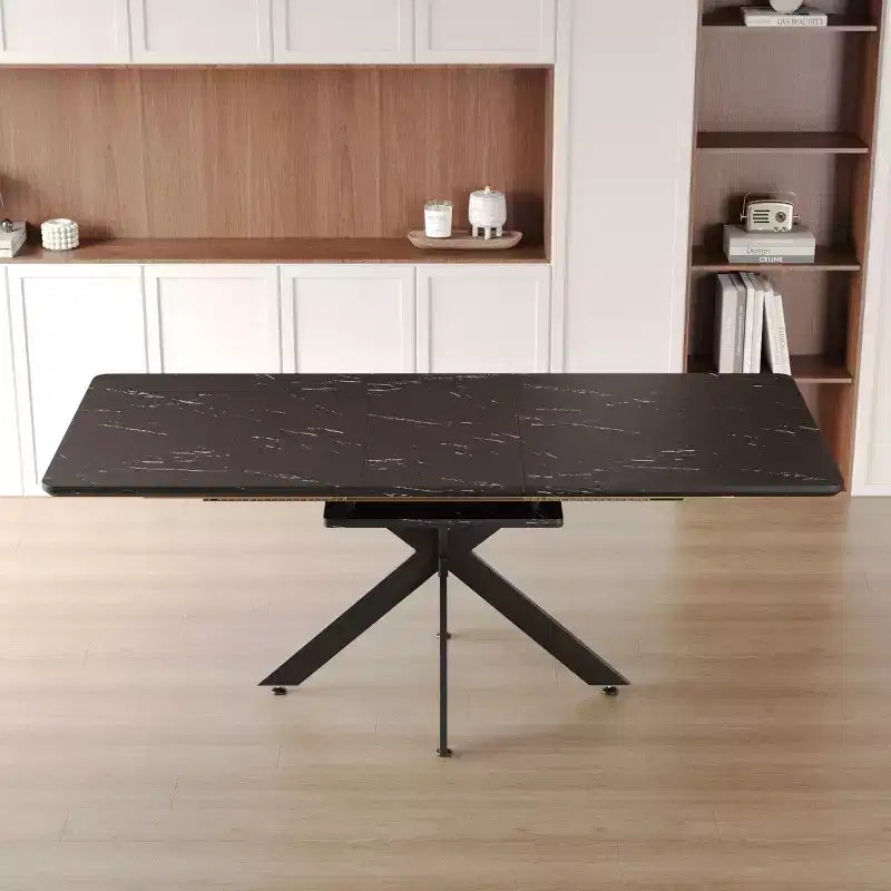 6278 Table à manger moderne extensible avec base en métal noir, table de cuisine rectangulaire pour salle à manger ou coin petit-déjeuner-Panipeachy