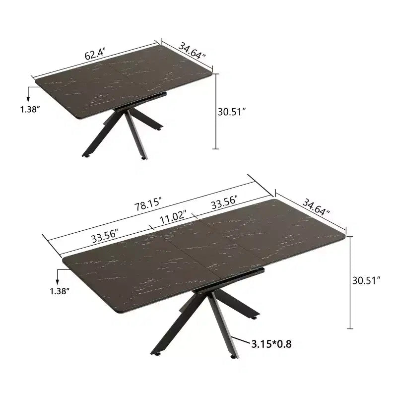 6278 Table à manger moderne extensible avec base en métal noir, table de cuisine rectangulaire pour salle à manger ou coin petit-déjeuner-Panipeachy