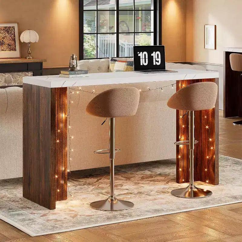 Table de bar à domicile GustoWave 55 avec plateau imitation marbre, table de pub hauteur comptoir pour cuisine, salon, salle à manger