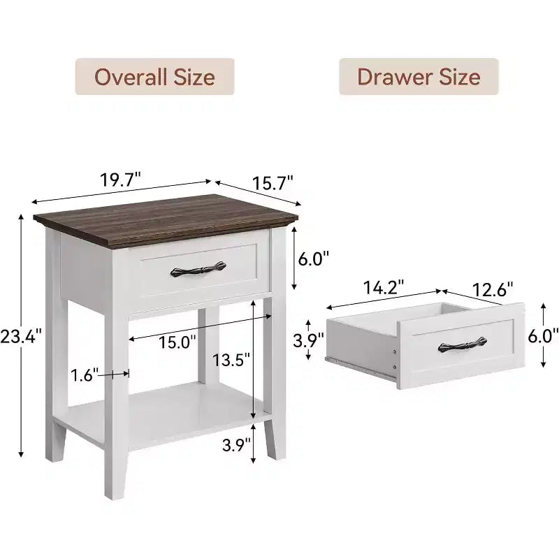 Table de chevet en bois avec 1 tiroir, étagère de rangement ouverte, table d'appoint industrielle, table de chevet étroite blanche, polyvalente pour chambre à coucher, petits espaces