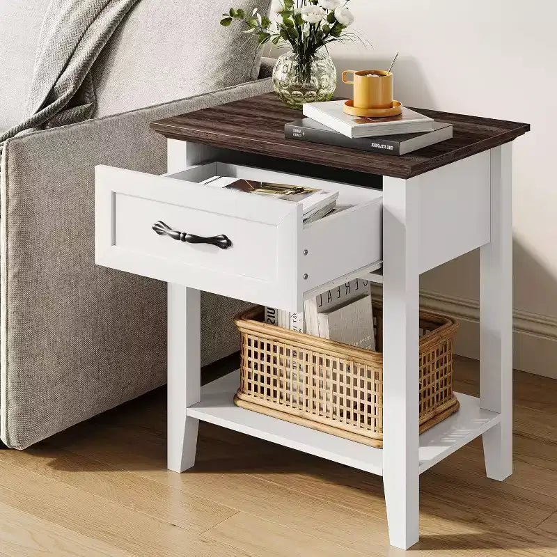 Table de chevet en bois avec 1 tiroir, étagère de rangement ouverte, table d'appoint industrielle, table de chevet étroite blanche, polyvalente pour chambre à coucher, petits espaces