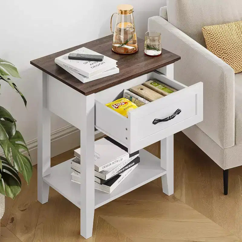 Table de chevet en bois avec 1 tiroir, étagère de rangement ouverte, table d'appoint industrielle, table de chevet étroite blanche, polyvalente pour chambre à coucher, petits espaces