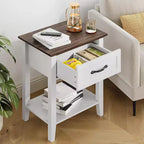 Table de chevet en bois avec 1 tiroir, étagère de rangement ouverte, table d'appoint industrielle, table de chevet étroite blanche, polyvalente pour chambre à coucher, petits espaces