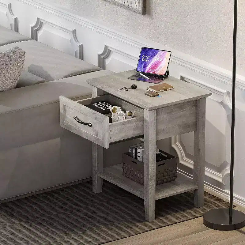 Table de chevet en bois avec 1 tiroir, étagère de rangement ouverte, table d'appoint industrielle, table de chevet étroite blanche, polyvalente pour chambre à coucher, petits espaces