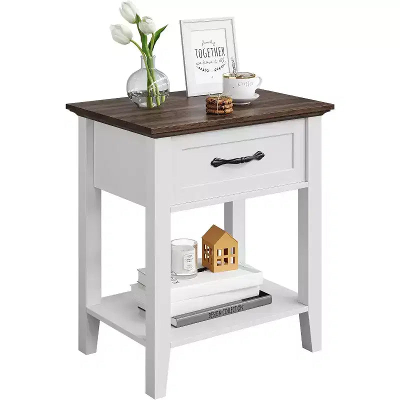 Table de chevet en bois avec 1 tiroir, étagère de rangement ouverte, table d'appoint industrielle, table de chevet étroite blanche, polyvalente pour chambre à coucher, petits espaces