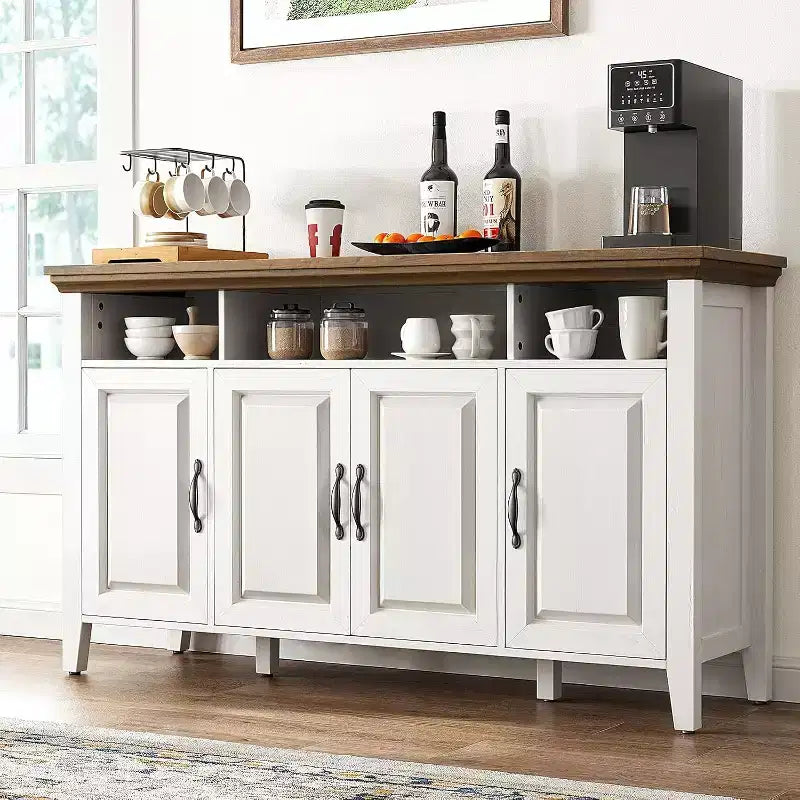 Amada Buffet Cabinet with Storage, 55 In Large Sideboard Storage Cabinet with Adjustable Shelves, 4 Doors, Modern Farmhouse Coffee Bar Cabinet