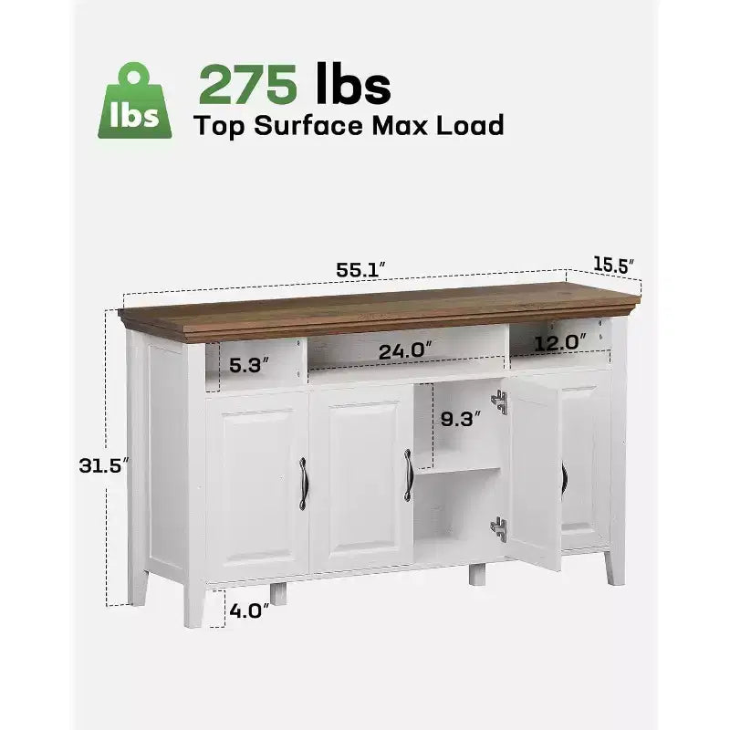Buffet Amada avec Rangement, Grand Buffet de Rangement de 55 Pouces avec Étagères Réglables, 4 Portes, Meuble Bar à Café de Style Ferme Moderne