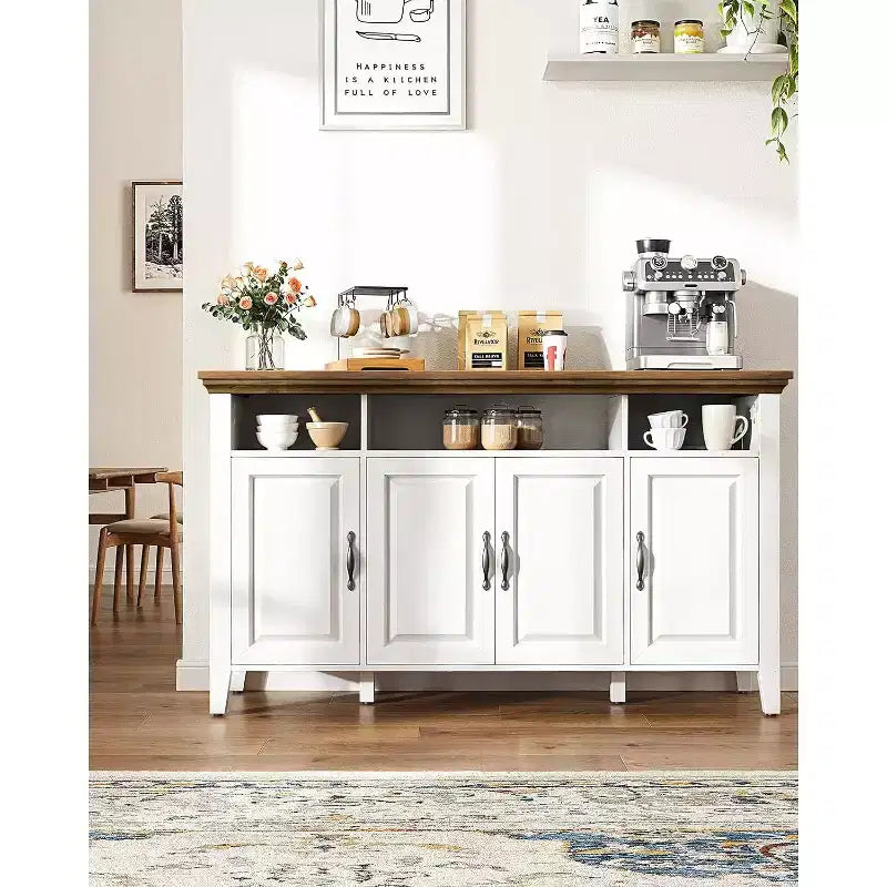 Buffet Amada avec Rangement, Grand Buffet de Rangement de 55 Pouces avec Étagères Réglables, 4 Portes, Meuble Bar à Café de Style Ferme Moderne