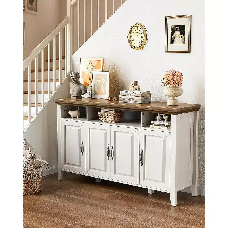 Buffet Amada avec Rangement, Grand Buffet de Rangement de 55 Pouces avec Étagères Réglables, 4 Portes, Meuble Bar à Café de Style Ferme Moderne