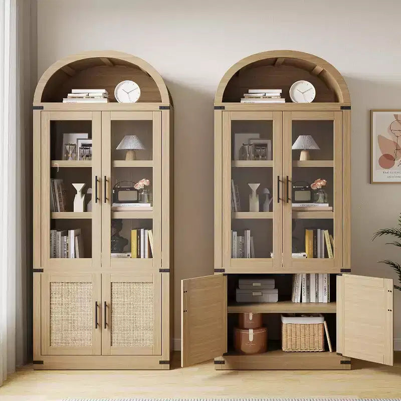 Bibliothèque arquée de 183 cm avec portes vitrées, Armoire de rangement en bois à 6 niveaux pour salon, cuisine ou bureau, Étagères de présentation de style ferme