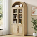 Bibliothèque arquée de 183 cm avec portes vitrées, Armoire de rangement en bois à 6 niveaux pour salon, cuisine ou bureau, Étagères de présentation de style ferme