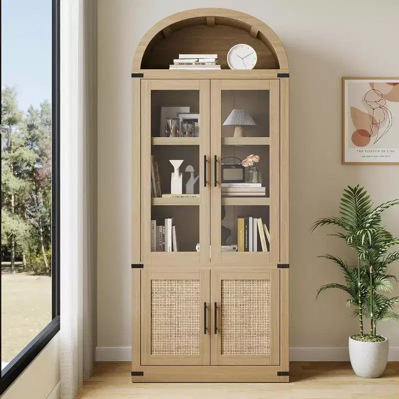 Bibliothèque arquée de 183 cm avec portes vitrées, Armoire de rangement en bois à 6 niveaux pour salon, cuisine ou bureau, Étagères de présentation de style ferme