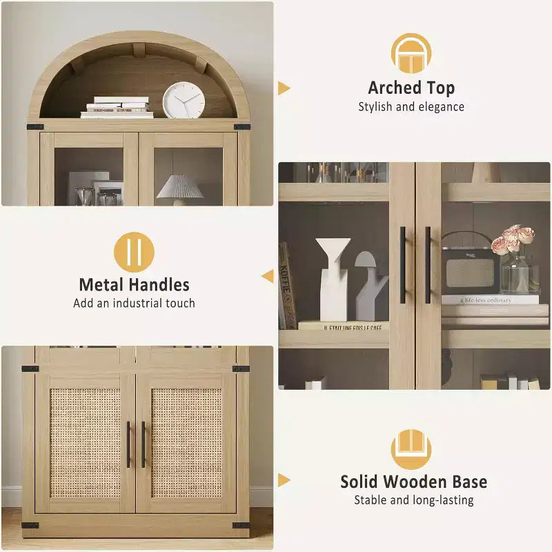 Bibliothèque arquée de 183 cm avec portes vitrées, Armoire de rangement en bois à 6 niveaux pour salon, cuisine ou bureau, Étagères de présentation de style ferme
