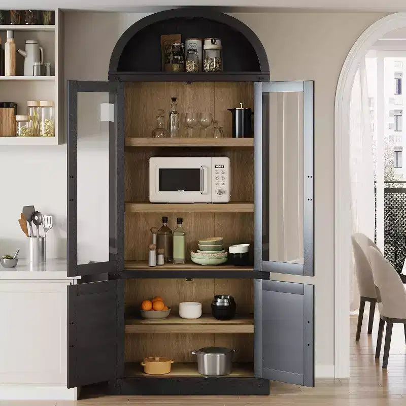 Bibliothèque arquée de 183 cm avec portes vitrées, Armoire de rangement en bois à 6 niveaux pour salon, cuisine ou bureau, Étagères de présentation de style ferme