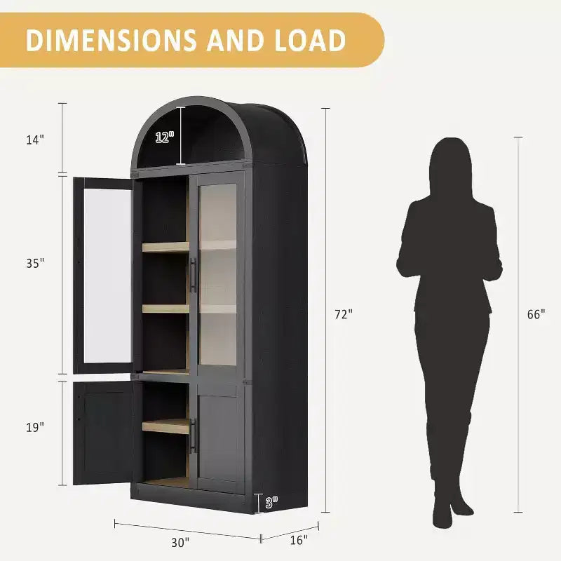 Bibliothèque arquée de 183 cm avec portes vitrées, Armoire de rangement en bois à 6 niveaux pour salon, cuisine ou bureau, Étagères de présentation de style ferme