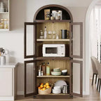 Bibliothèque arquée de 183 cm avec portes vitrées, Armoire de rangement en bois à 6 niveaux pour salon, cuisine ou bureau, Étagères de présentation de style ferme